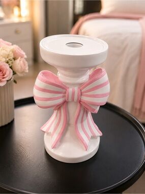 Decorative White Ceramic Pedestal with Pink & White Striped Bow